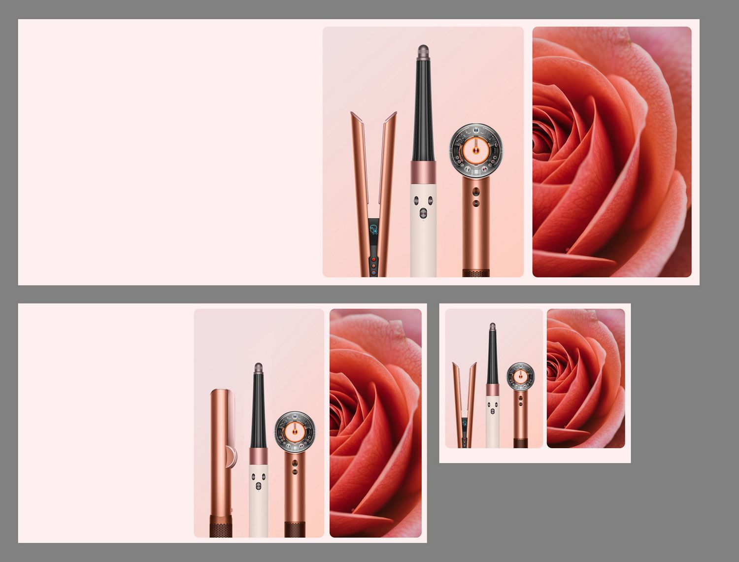 A blooming rose next to the Dyson Airwrap i.d. multi-styler and dryer in Ceramic pink and rose gold, and storage case.